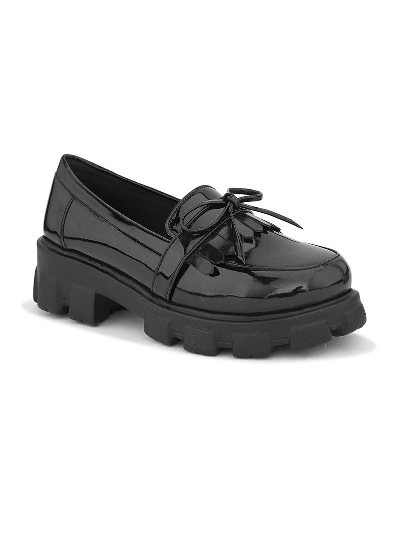 XE Looks Chic Patent Leather Loafers with Bow Detail and Chunky Black Sole for Girls & Women - Image 5