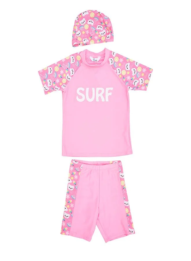 babyqlo Pink Surf 3 Pc Girls Swimsuit Set with Cap