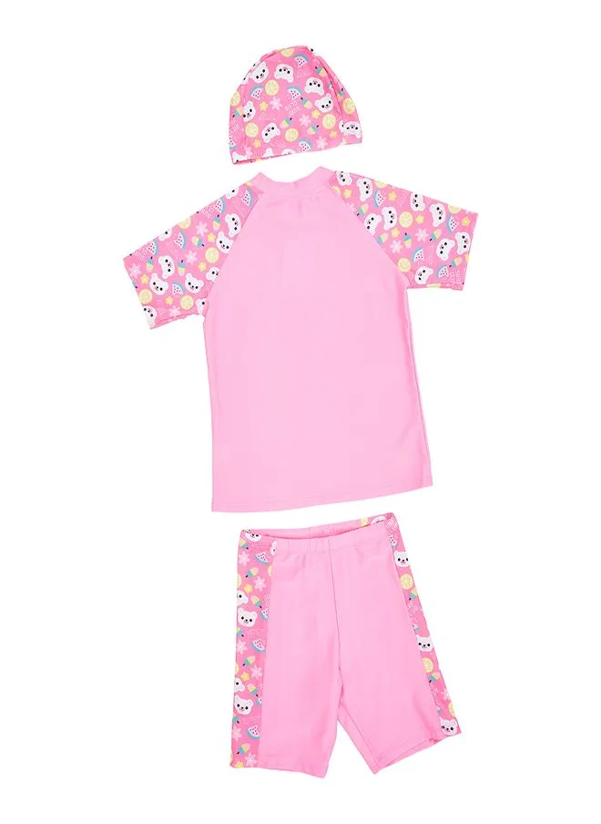 babyqlo Pink Surf 3 Pc Girls Swimsuit Set with Cap