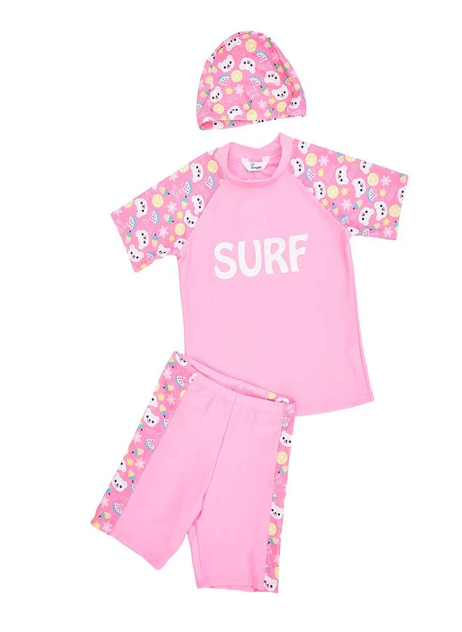 babyqlo Pink Surf 3 Pc Girls Swimsuit Set with Cap