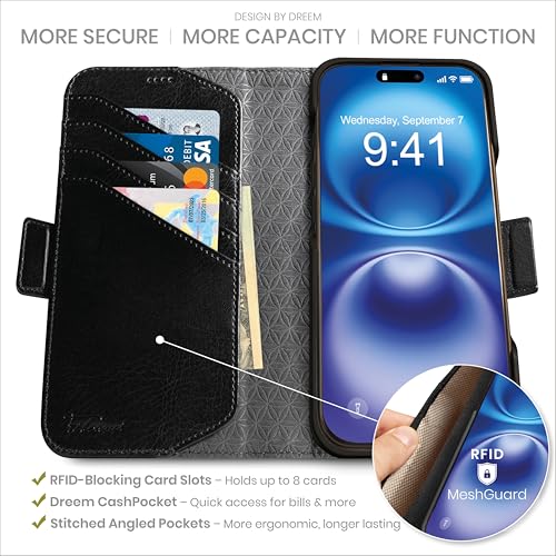 Dreem Wallet Case for iPhone 16 Plus Revolutionary VertHor Phone Stand Magnetic Detachable Vegan Leather Flip Cover RFID Blocking Card Holder MagSafeFit Gift Box Fibonacci Black - Image 3