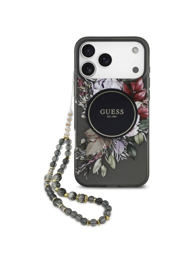 جس جراب Guess IML Flowers Strap MagSafe للهاتف المحمول لجهاز Apple iPhone 17 Pro Max (GUHMP17XHFWBRCESK) باللون الأسود - Image 1