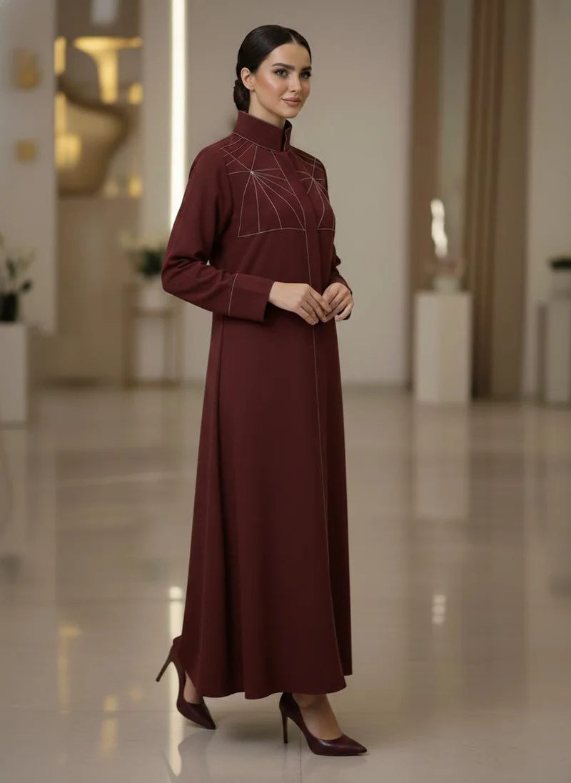 MSquare Fashion Bold And Modern Maroon Cobra Crepe Abaya Mandarin Collar Edition
