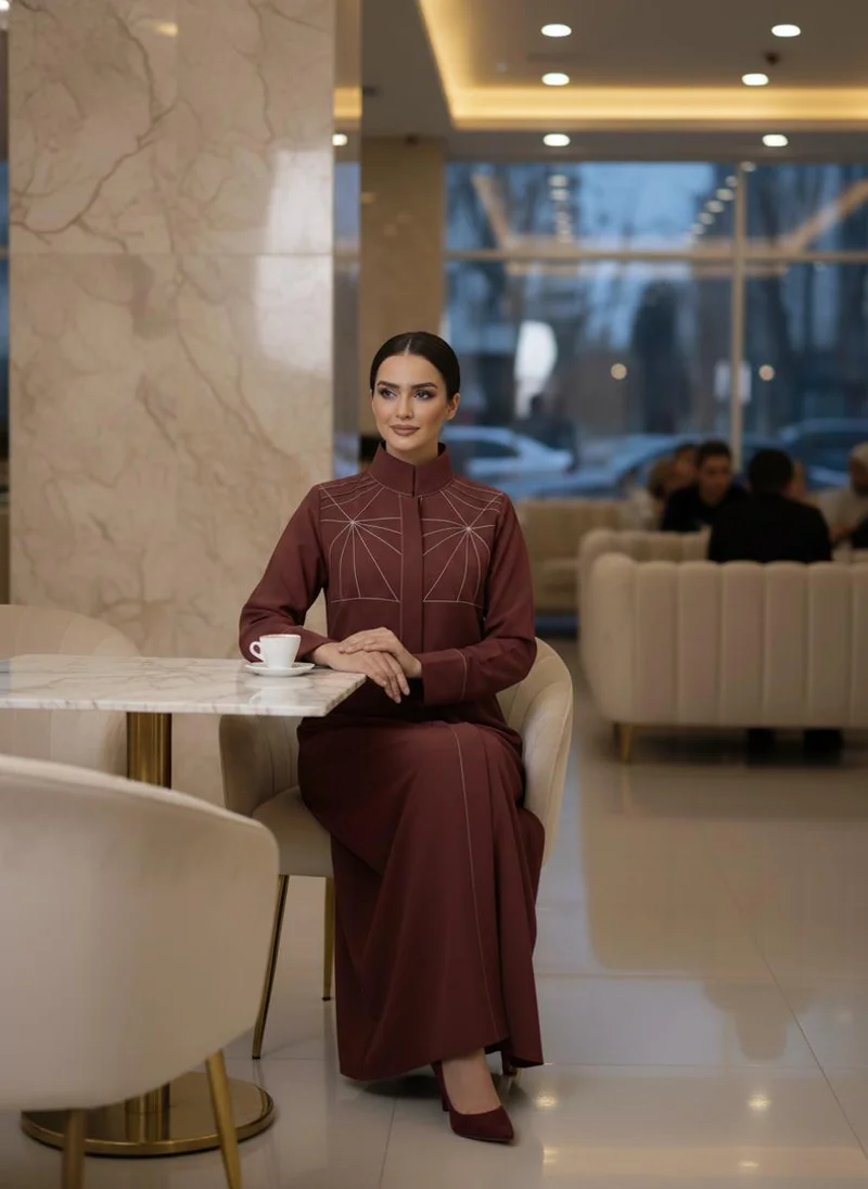 MSquare Fashion  Bold And Modern Maroon Cobra Crepe Abaya Mandarin Collar Edition for Women | Best Price UAE