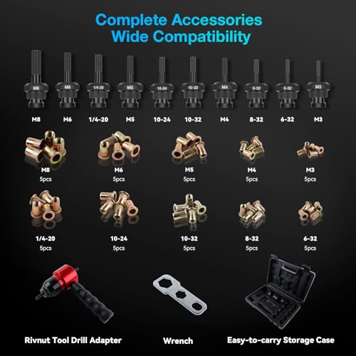 YUZES Rivet Nut Tool Rivet Nut Kit, Rivet Nut Gun Adapter Compatible with Cordless Drill & Ratchet Wrench, Newly Labor-Saving Rivnut Tool with 10 Mandrels & 50 Rivet Nuts, Rugged Carrying Case - Image 5