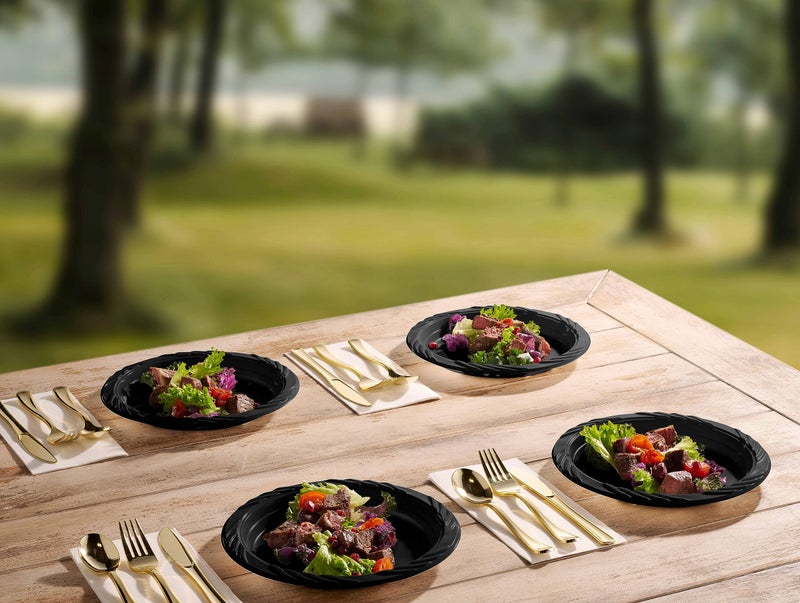 Munfix 200 Black Plastic Plates Set - 9 Inch Disposable Dinner Plates Bulk Pack for Party BBQ  Picnic  Parties  Travel and Events  Microwavable Recyclable - Image 3
