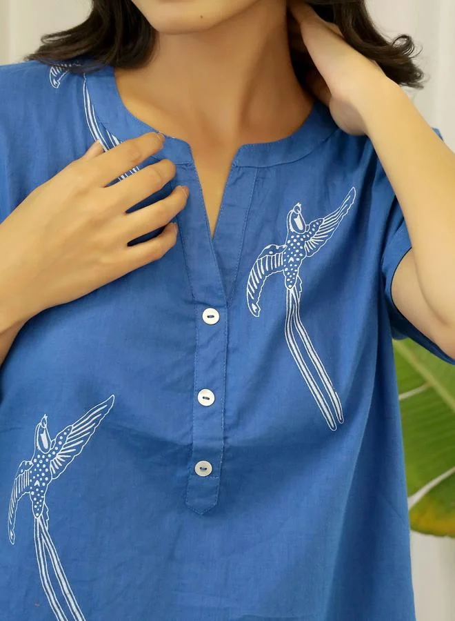 Sanskrutihomes blue Cotton Graphic Print Notch Neck Top And Pyjama Set for Women | Best Price UAE