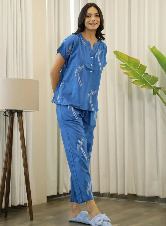 Sanskrutihomes blue Cotton Graphic Print Notch Neck Top And Pyjama Set for Women | Best Price UAE