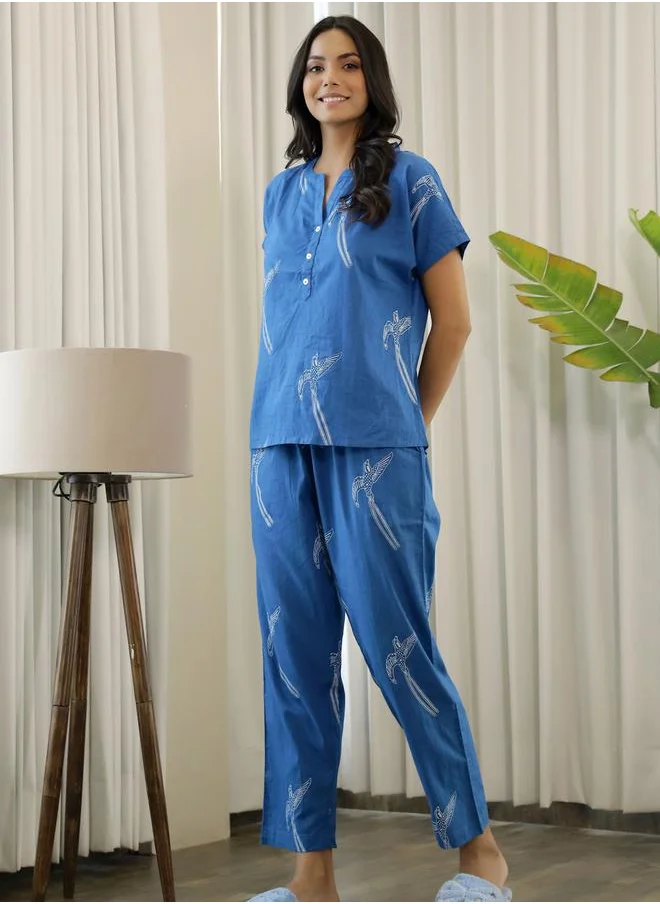 sanskrutihomes Cotton Graphic Print Notch Neck Top & Pyjama Set by Styli