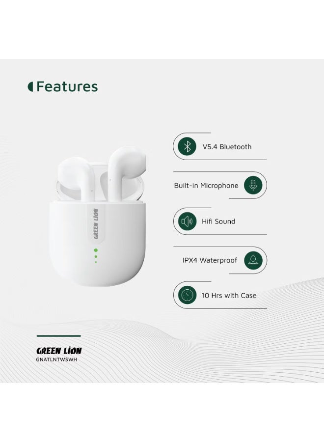 Green Lion Atlanta Wireless Earbuds with Built-in Microphone, IPX4 Water Resistance, Voice Assistant, HD Sound, Touch Control, and Up to 3 Hours Playtime - White - Image 2