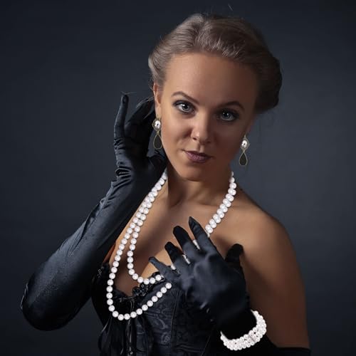 PLULON 8 Pieces 1920s Flapper Great Gatsby Accessories Set Fashion Roaring 20's Theme Set with Headband Headpiece Long Black Gloves Necklace Earrings for Women(Style 3) - Image 4