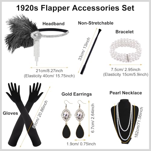 PLULON 8 Pieces 1920s Flapper Great Gatsby Accessories Set Fashion Roaring 20's Theme Set with Headband Headpiece Long Black Gloves Necklace Earrings for Women(Style 3) - Image 2