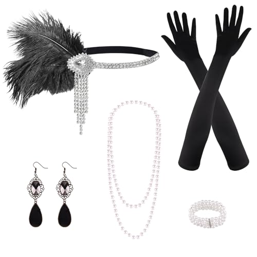 PLULON 8 Pieces 1920s Flapper Great Gatsby Accessories Set Fashion Roaring 20's Theme Set with Headband Headpiece Long Black Gloves Necklace Earrings for Women(Style 3) - Image 1