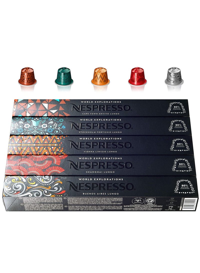 نسبرسو استكشافات نسبريسو العالمية. حزمة كيب تاون إنفيفو لونغو ستوكهولم فورتيسيو لونغو فيينا لينيزيو لونغو شنغهاي لونغو بينوس أيريس لونجو 50 كبسولة