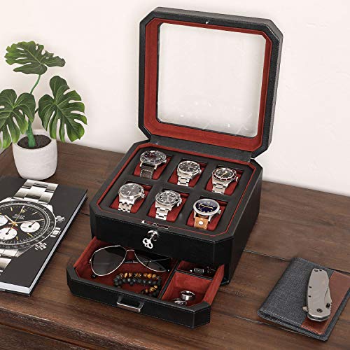 ROTHWELL Gift Set 6 Slot Leather Watch Box and 2 Watch Travel Case - Luxury Case Organizer, Microsuede Liner, Locking Mens Jewelry Watches Holder, Storage Boxes Glass Top (Black/Red Gift Set) - Image 2