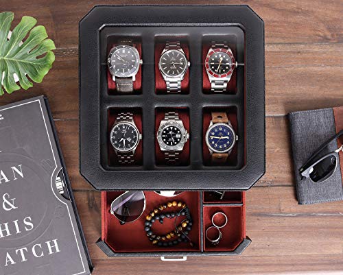 ROTHWELL Gift Set 6 Slot Leather Watch Box and 2 Watch Travel Case - Luxury Case Organizer, Microsuede Liner, Locking Mens Jewelry Watches Holder, Storage Boxes Glass Top (Black/Red Gift Set) - Image 4