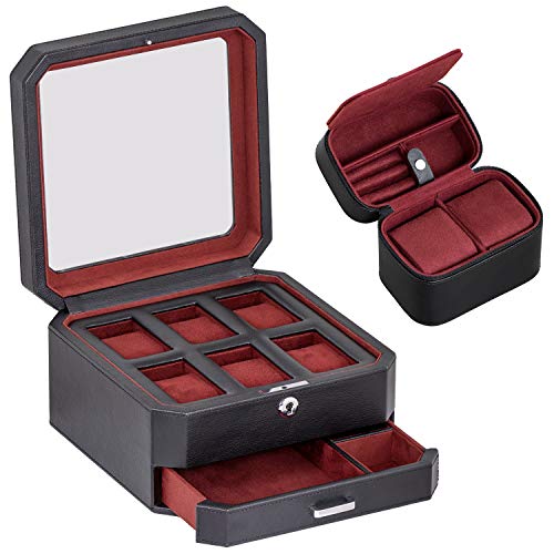 ROTHWELL Gift Set 6 Slot Leather Watch Box and 2 Watch Travel Case - Luxury Case Organizer, Microsuede Liner, Locking Mens Jewelry Watches Holder, Storage Boxes Glass Top (Black/Red Gift Set) - Image 1