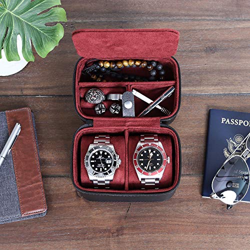ROTHWELL Gift Set 6 Slot Leather Watch Box and 2 Watch Travel Case - Luxury Case Organizer, Microsuede Liner, Locking Mens Jewelry Watches Holder, Storage Boxes Glass Top (Black/Red Gift Set) - Image 5