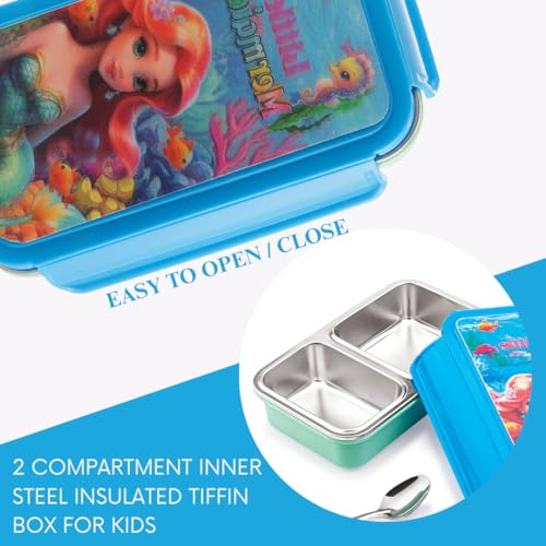 Nabhya 3D Print Insulated Stainless Steel Kids Lunch Box | 430Ml Airtight Leak Proof 2 Compartment Tiffin Box with Steel Spoon & Clip Lock Lid for School Kid Lunch Box (Blue) - Image 3