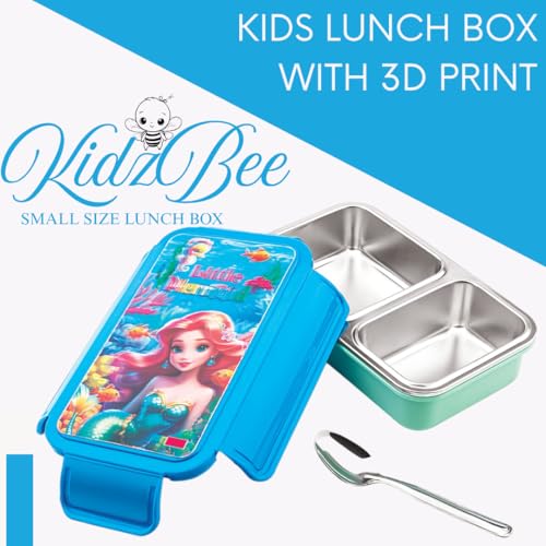 Nabhya 3D Print Insulated Stainless Steel Kids Lunch Box | 430Ml Airtight Leak Proof 2 Compartment Tiffin Box with Steel Spoon & Clip Lock Lid for School Kid Lunch Box (Blue) - Image 2