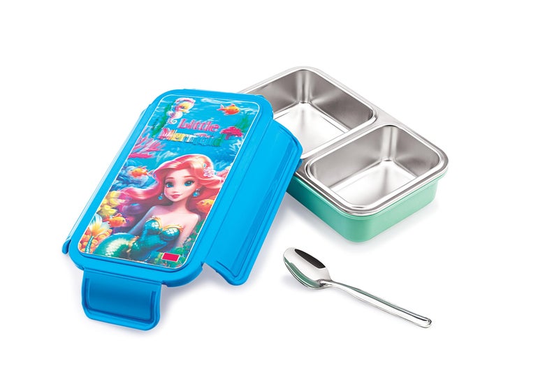 Nabhya 3D Print Insulated Stainless Steel Kids Lunch Box | 430Ml Airtight Leak Proof 2 Compartment Tiffin Box with Steel Spoon & Clip Lock Lid for School Kid Lunch Box (Blue) - Image 1