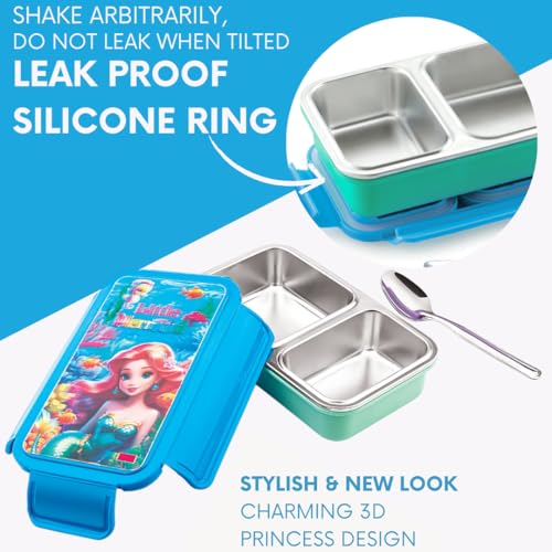 Nabhya 3D Print Insulated Stainless Steel Kids Lunch Box | 430Ml Airtight Leak Proof 2 Compartment Tiffin Box with Steel Spoon & Clip Lock Lid for School Kid Lunch Box (Blue) - Image 5