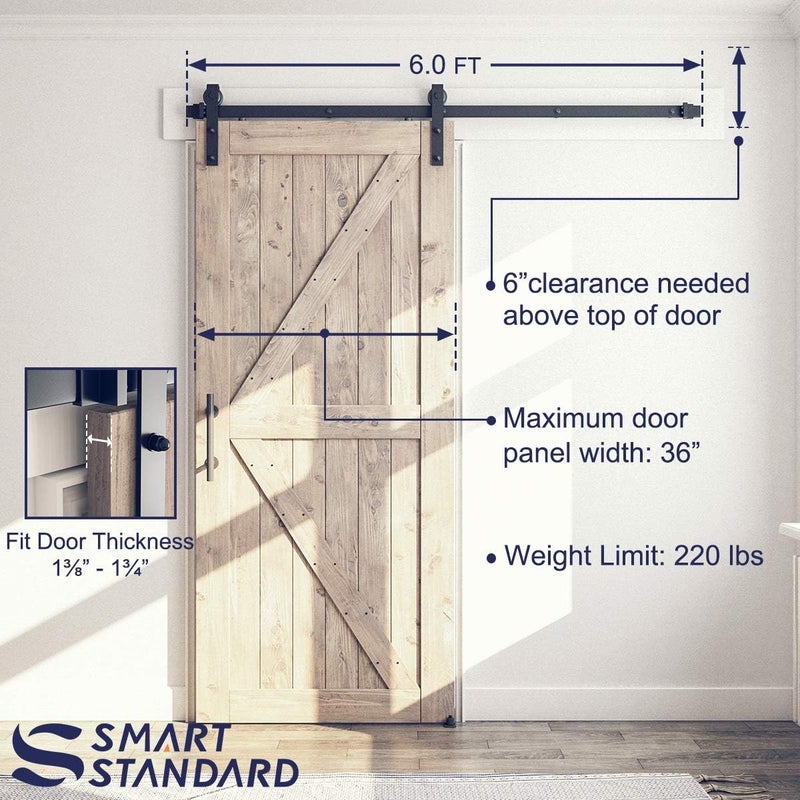 SMARTSTANDARD 6FT Sliding Barn Door Hardware Whole Kit (Include 6ft Track Kit & Pull Handle Set & Floor Guide), Smoothly and Quietly, Easy to Install, Fit 36" Wide Door Panel (J Shape) - Image 3