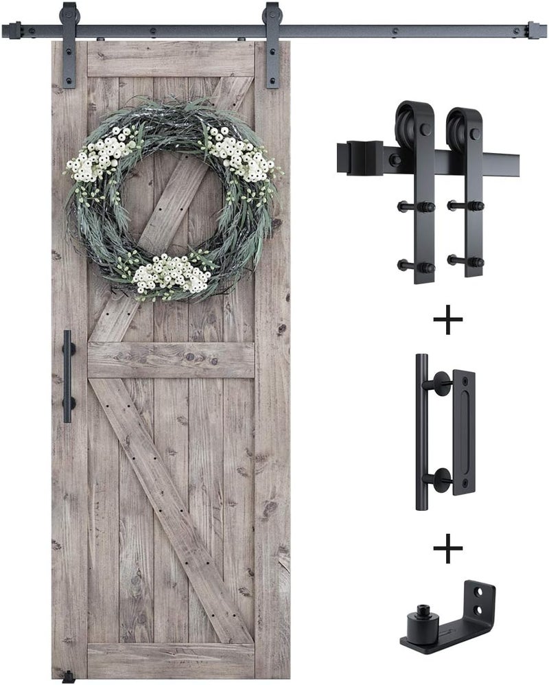 SMARTSTANDARD 6FT Sliding Barn Door Hardware Whole Kit (Include 6ft Track Kit & Pull Handle Set & Floor Guide), Smoothly and Quietly, Easy to Install, Fit 36" Wide Door Panel (J Shape) - Image 1