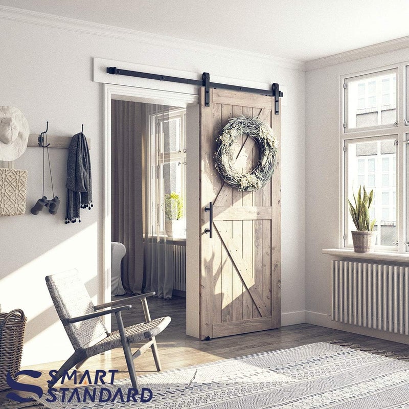 SMARTSTANDARD 6FT Sliding Barn Door Hardware Whole Kit (Include 6ft Track Kit & Pull Handle Set & Floor Guide), Smoothly and Quietly, Easy to Install, Fit 36" Wide Door Panel (J Shape) - Image 2