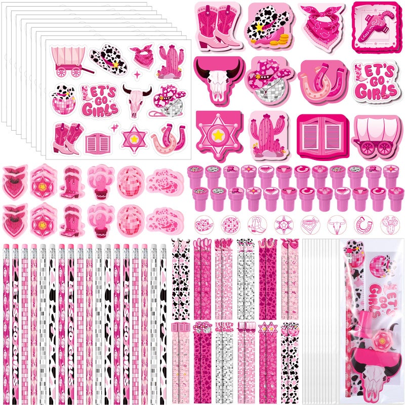 Cholemy 168 Pcs Western Cowgirl Party Favors Supplies Disco Cowgirl Stickers Stamps Pencils Erasers Mini Notebooks Rulers with Opp Bags for Western Hot Pink Rodeo Party Favors Birthday Supplies Decor - Image 3