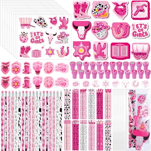 Cholemy 168 Pcs Western Cowgirl Party Favors Supplies Disco Cowgirl Stickers Stamps Pencils Erasers Mini Notebooks Rulers with Opp Bags for Western Hot Pink Rodeo Party Favors Birthday Supplies Decor - Image 1