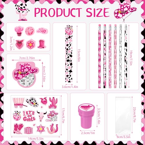 Cholemy 168 Pcs Western Cowgirl Party Favors Supplies Disco Cowgirl Stickers Stamps Pencils Erasers Mini Notebooks Rulers with Opp Bags for Western Hot Pink Rodeo Party Favors Birthday Supplies Decor - Image 5