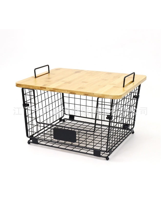 Stackable Wire Basket With Bamboo Cutting Board  Top Pantry Kitchen Counter Organization And Storage Cabinet Shelf Countertop Space Saving Organizing Produce Fruit Potato Bread Organizer - Image 4
