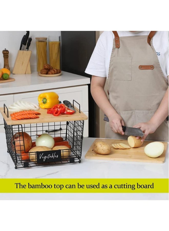 Stackable Wire Basket With Bamboo Cutting Board  Top Pantry Kitchen Counter Organization And Storage Cabinet Shelf Countertop Space Saving Organizing Produce Fruit Potato Bread Organizer - Image 2