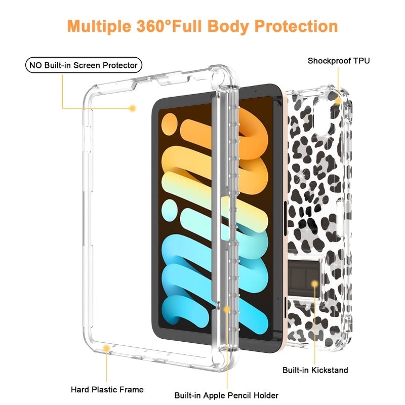 Rantice Case for iPad mini 6 2021, iPad mini 7 (A17 Pro) 2024 Case with Pencil Holder and Kickstand for Women Girl Kids, Slim Shockproof Clear Transparent Cover for iPad mini 8.3 inch (Black Leopard) - Image 3