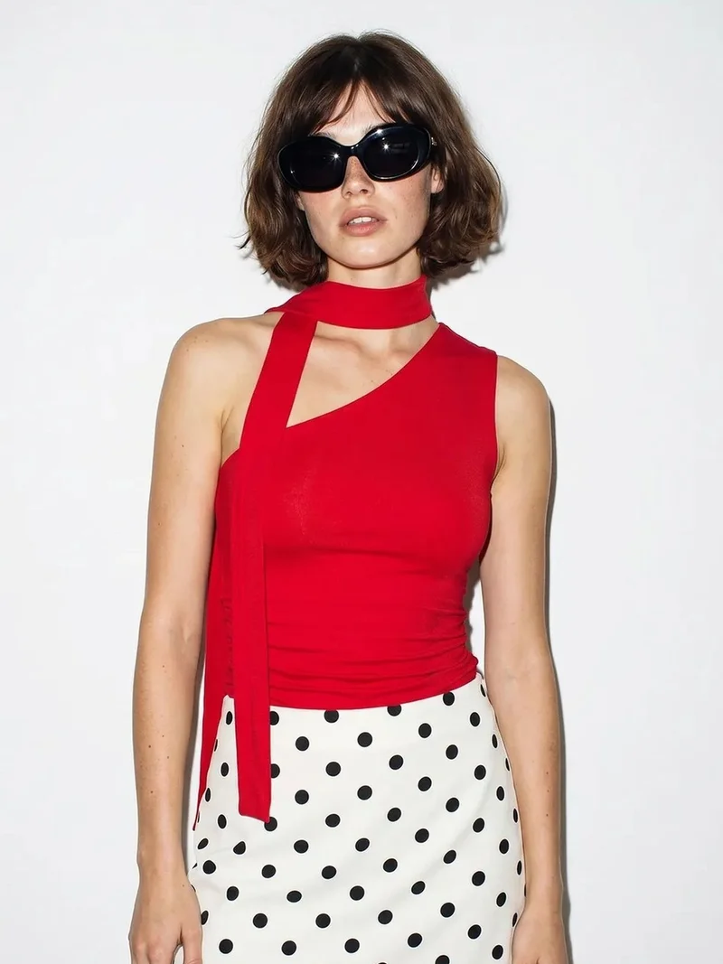 بيانكو لوتشي LUCCI Sleeveless Asymmetrical Tie-detail Blouse