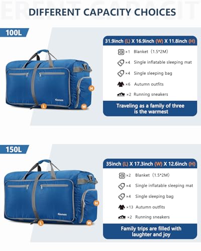 Gonex 150L Large Foldable Travel Duffle Bag with Shoes Compartment, Packable Lightweight Water Repellent Duffel Bag for Camping Gym Weekender Bag Deep Blue - Image 3