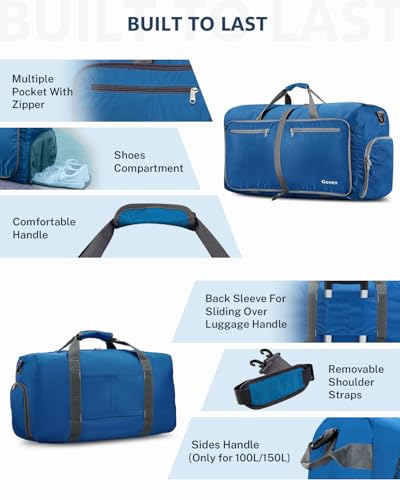 Gonex 150L Large Foldable Travel Duffle Bag with Shoes Compartment, Packable Lightweight Water Repellent Duffel Bag for Camping Gym Weekender Bag Deep Blue - Image 5
