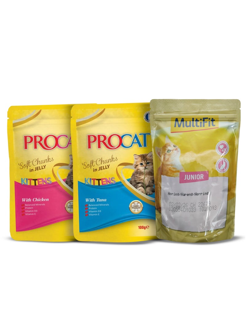 بروكات مجموعة قطط صغيرة - مزيج من الرنجة والتونة والدجاج من MultiFit وProcat Jelly