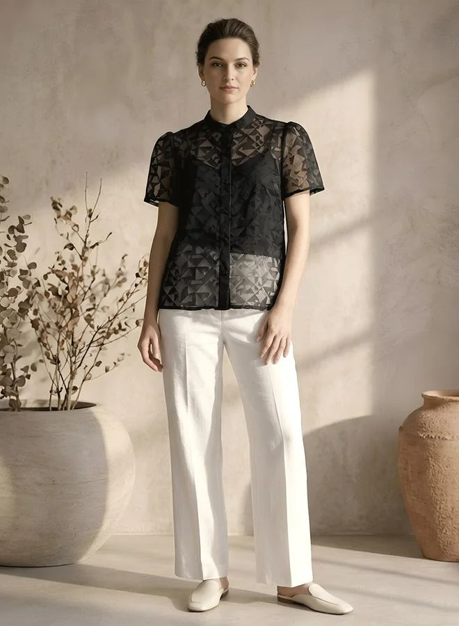 Mish Black Sheer Geometric Short Sleeve Shirt