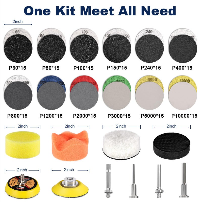 GOH DODD 189 Pieces 2 Inch Sanding Discs, GOH DODD Hook and Loop Sanding Pads 60 to 10000 Grit Wet Dry Sandpaper with 1/8" 1/4â€ Shank, Backing Pad, Polishing Pads and Interface Pad for Auto Metal Resin Wood - Image 2