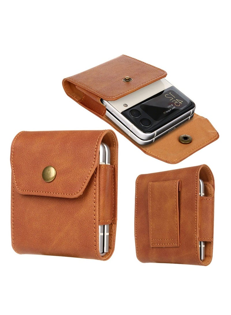 Y&D Phone Holster for Samsung Galaxy Z Flip 4 2022 / 3, Premium Leather Case with Belt Clip Loop Foldable Pouch Cell Motorola Razr 5G/Razr 2019 - Brown - Image 1