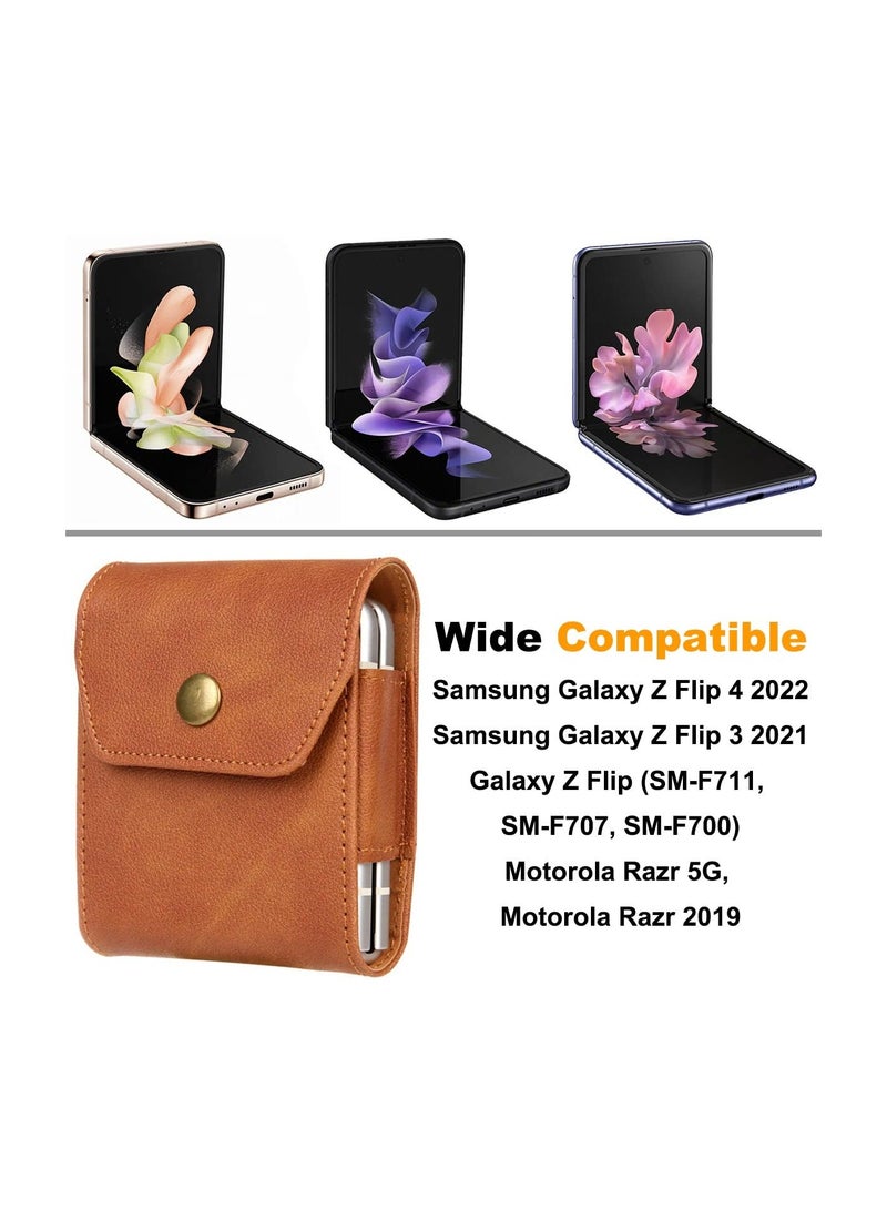 Y&D Phone Holster for Samsung Galaxy Z Flip 4 2022 / 3, Premium Leather Case with Belt Clip Loop Foldable Pouch Cell Motorola Razr 5G/Razr 2019 - Brown - Image 2