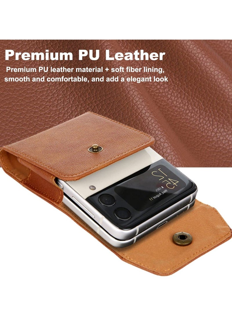 Y&D Phone Holster for Samsung Galaxy Z Flip 4 2022 / 3, Premium Leather Case with Belt Clip Loop Foldable Pouch Cell Motorola Razr 5G/Razr 2019 - Brown - Image 4