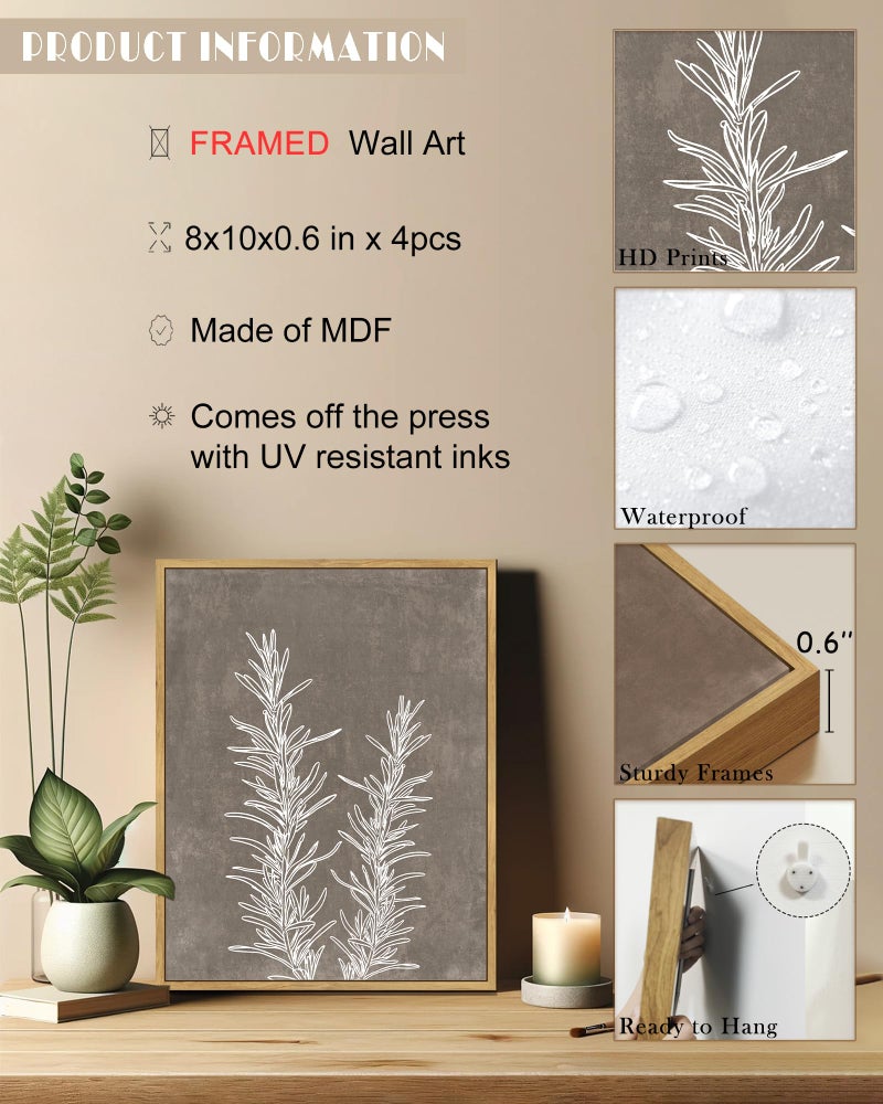 Drsoum Framed Boho Wall Art Set of 4 Wooded Vintage Botanical Prints Retro Plants Rustic Antique for Bathroom Farmhouse Kitchen Home Decor Ready to Hang 8x10inx4pcs (Natural Framed) - Image 3