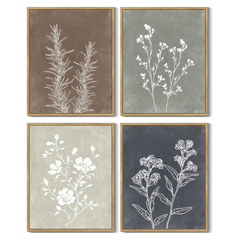 Drsoum Framed Boho Wall Art Set of 4 Wooded Vintage Botanical Prints Retro Plants Rustic Antique for Bathroom Farmhouse Kitchen Home Decor Ready to Hang 8x10inx4pcs (Natural Framed) - Image 1