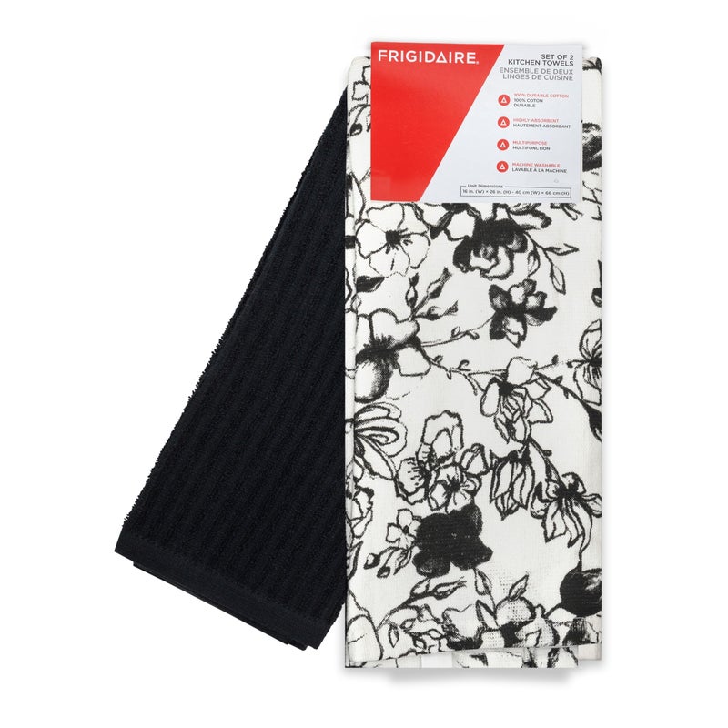 Frigidaire Blyth 2-Piece Cotton Kitchen Towel Set-Black and Flower Print - Image 2