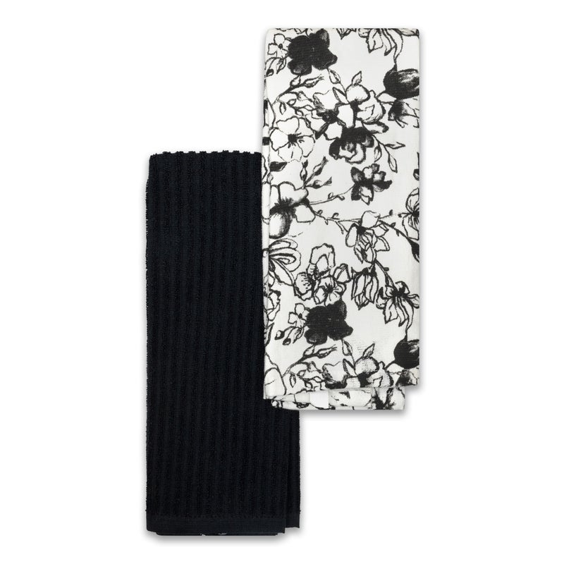 Frigidaire Blyth 2-Piece Cotton Kitchen Towel Set-Black and Flower Print - Image 1