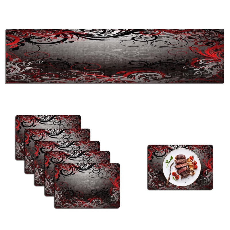 Mcalk Table Runner and Placemats Set of 6 PiecesMystic Gray Leaf PlacematCloth Place Mats Red Indoor for KitchenWashable Placemats Floral Print Linen Material for Dining Table