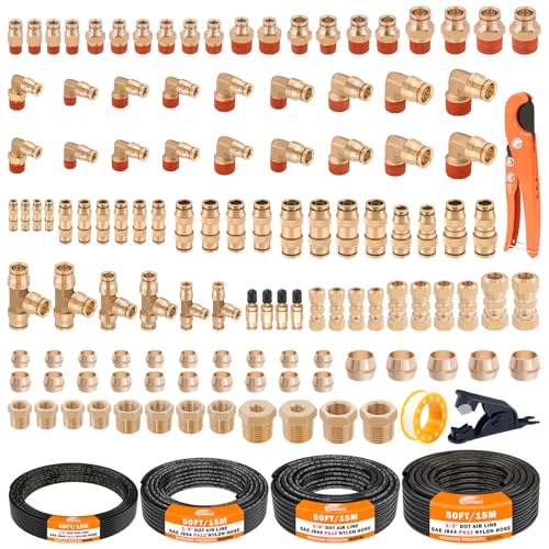 CheeMuii 124 PCS Brass DOT Air Line Fittings with 4 Roll 50FT 18 14 38 12 DOT Air Lines Kit Push Lock Air Fitting Quick Connect Air Fittings with Air Hose Pneumatic Tubing - Image 1